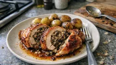 Plněná perlička s houbovou nádivkou a novými bramborami z jednoho pekáče