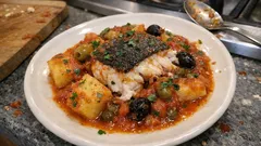 Baccalà alla ghiotta: treska dušená s bramborami, olivami a kapary